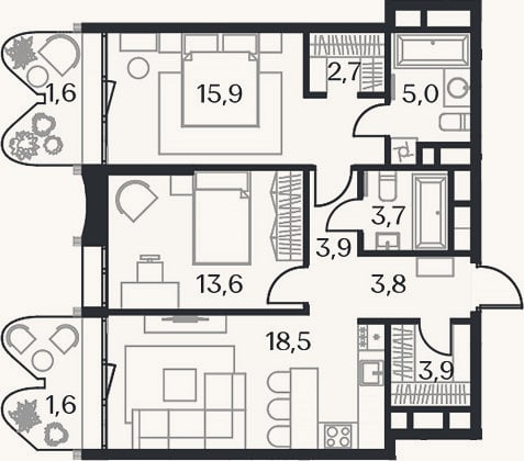Планировка: 3-к, 71 м²