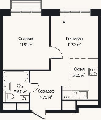 Планировка: 2-к, 36,9 м²