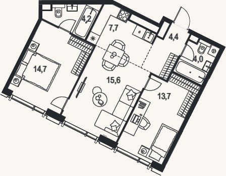 Планировка: 3-к, 64,3 м²