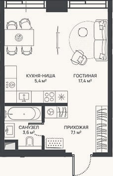 Планировка: Студия, 33,5 м²