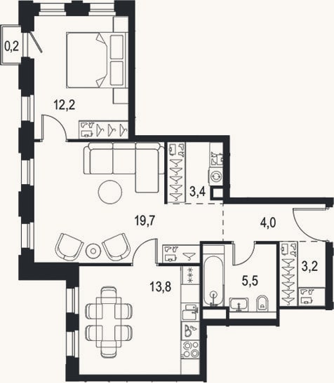 Планировка: 2-к, 61,8 м²