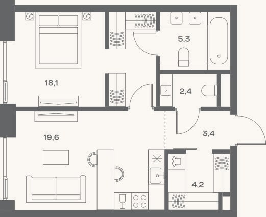 Планировка: 2-к, 53 м²