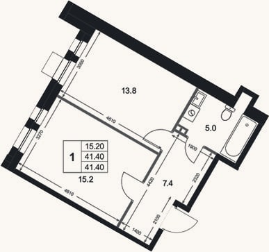Планировка: 1-к, 41,4 м²