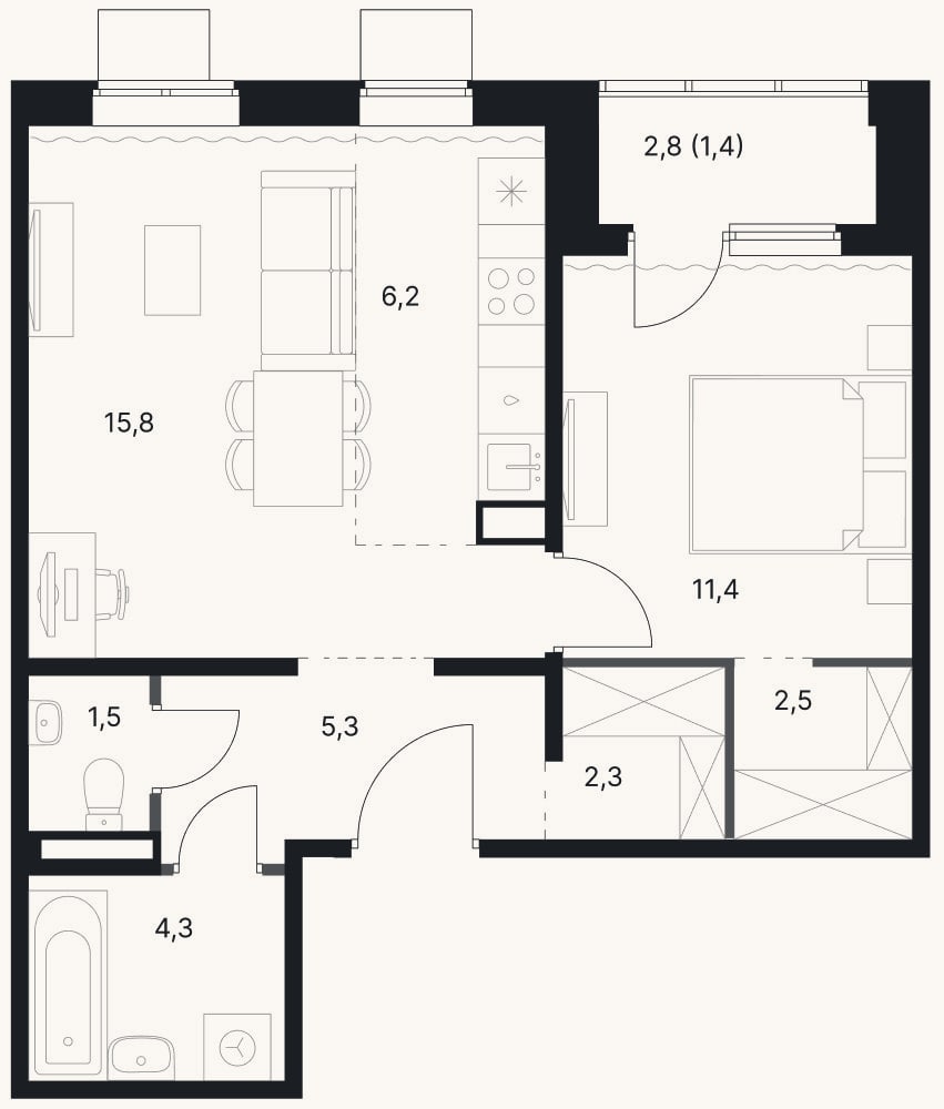 Планировка: 2-к, 49,3 м²