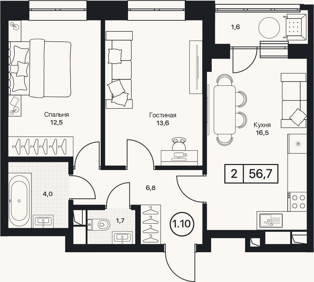 Планировка: 2-к, 55,1 м²