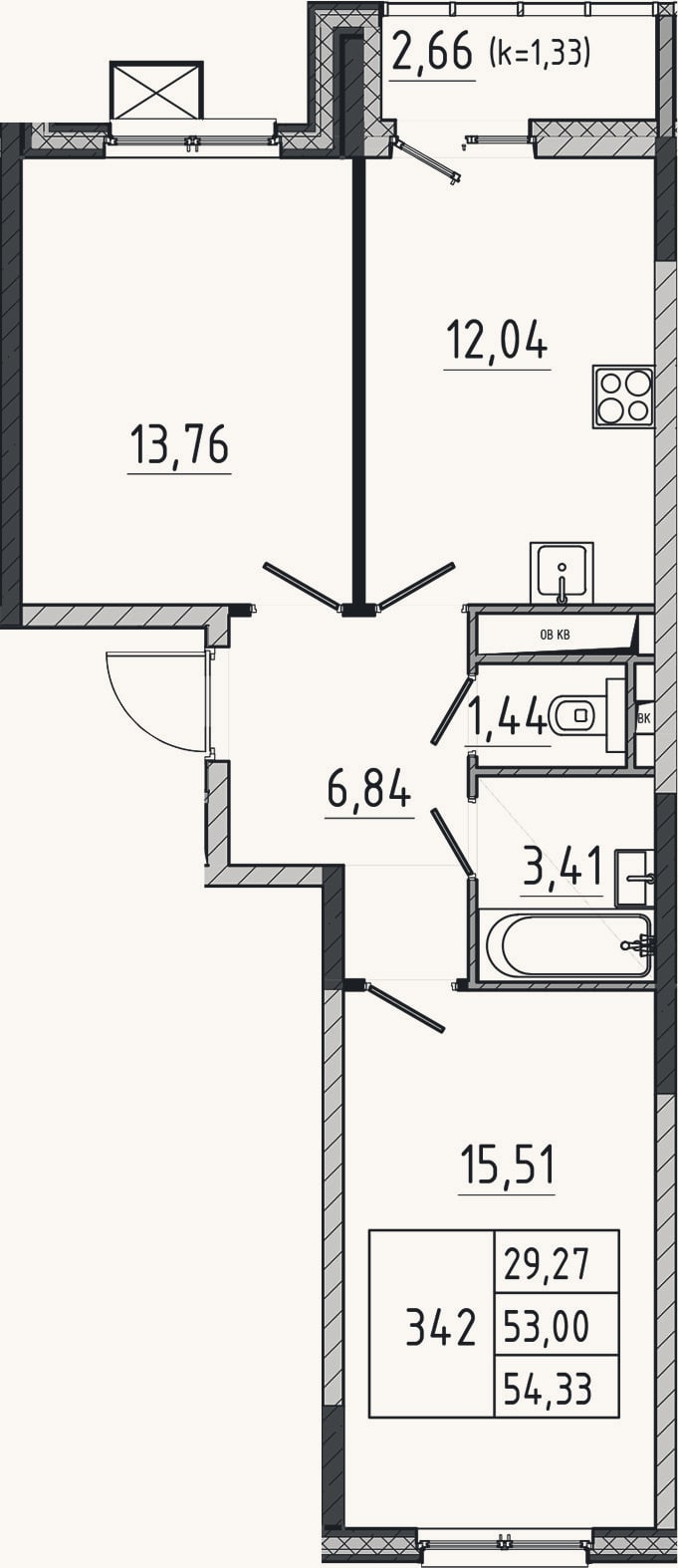 Планировка: 2-к, 53 м²