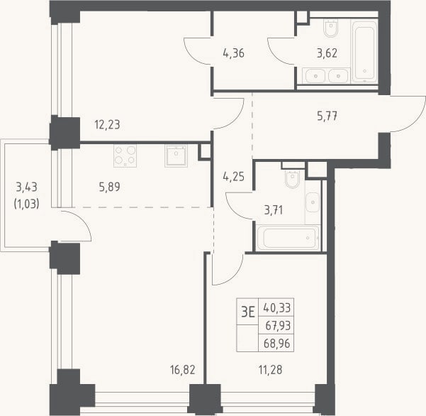 Планировка: 3-к, 67,9 м²