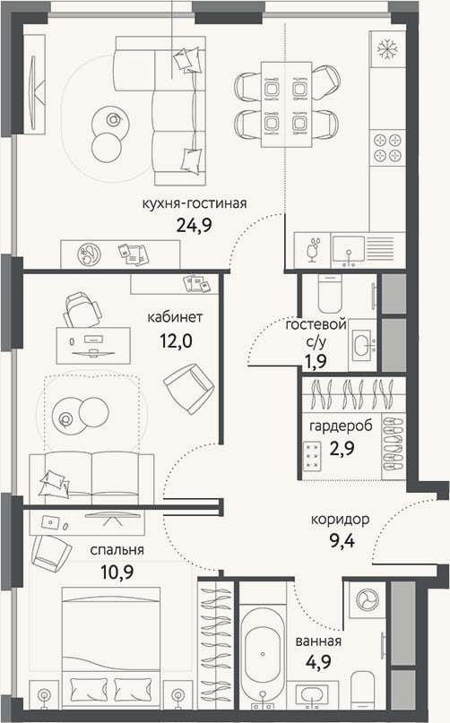 Планировка: 3-к, 66,9 м²