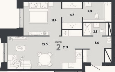 Планировка: 2-к, 51,9 м²