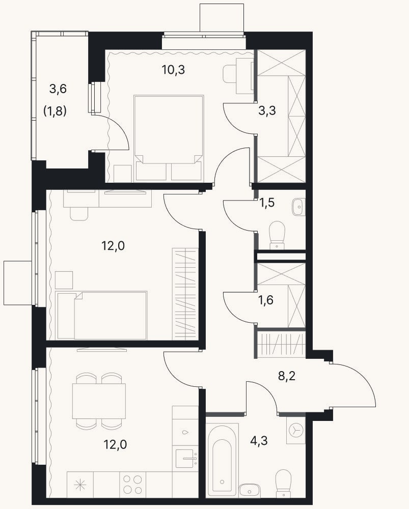 Планировка: 2-к, 53,2 м²