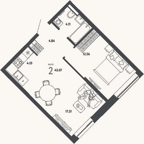 Планировка: 2-к, 43,1 м²
