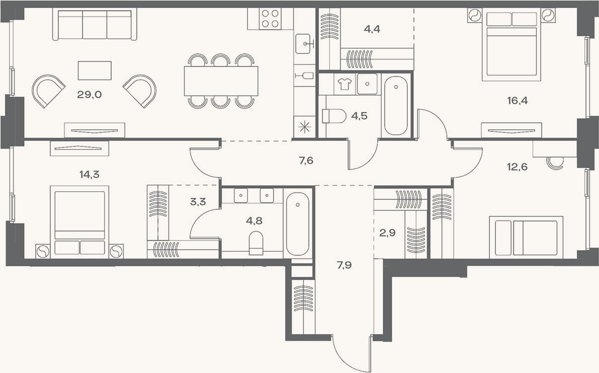 Планировка: 4+ к, 107,7 м²