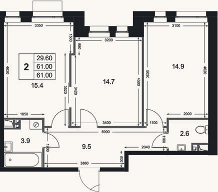 Планировка: 2-к, 61 м²