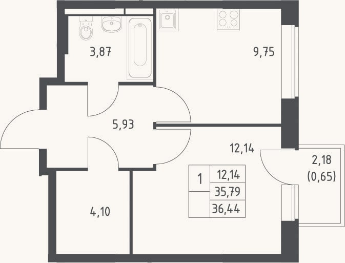 Планировка: 1-к, 35,8 м²