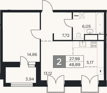 Планировка: 2-к, 46,9 м²