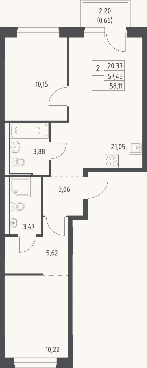 Планировка: 3-к, 57,5 м²