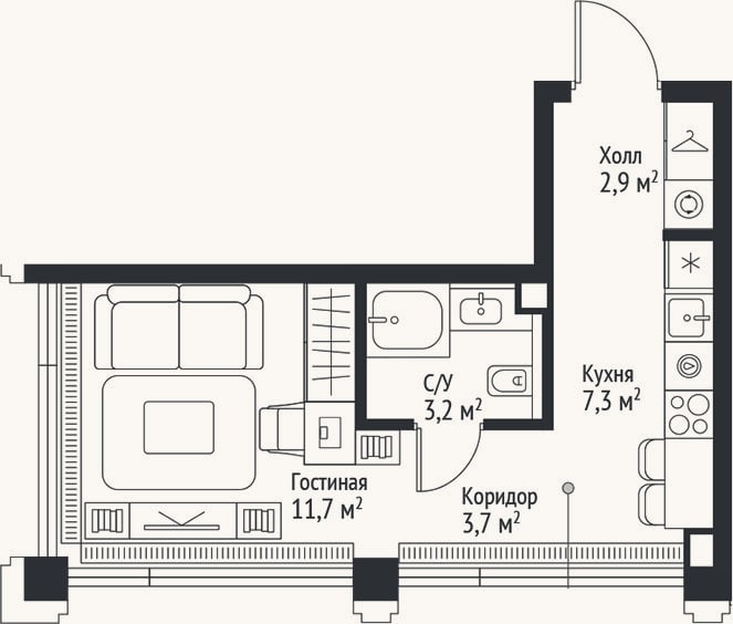 Планировка: Студия, 28,8 м²