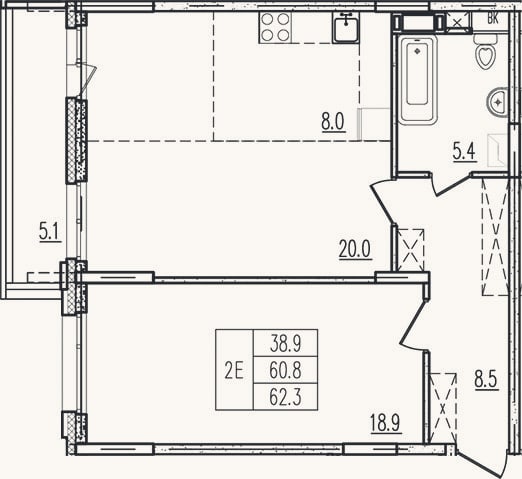 Планировка: 2-к, 60,8 м²