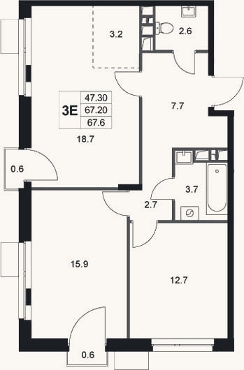 Планировка: 3-к, 67,2 м²