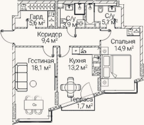 Планировка: 2-к, 68,9 м²