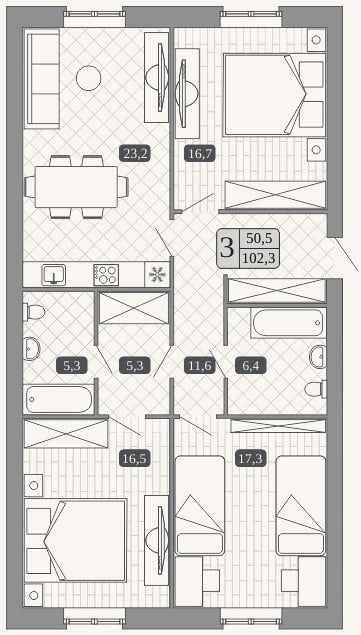 Планировка: 4+ к, 102,3 м²
