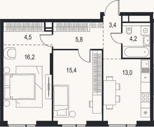 Планировка: 2-к, 62,5 м²