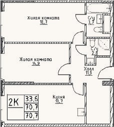 Планировка: 2-к, 70,7 м²
