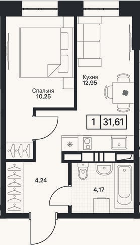 Планировка: 1-к, 31,1 м²