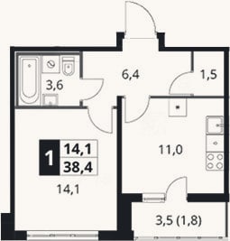 Планировка: 1-к, 36,6 м²