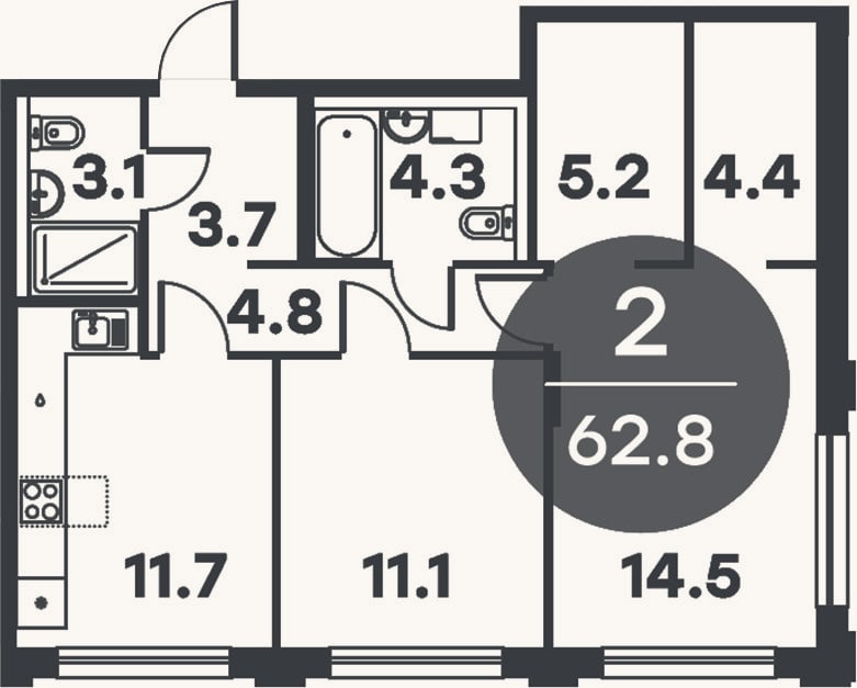 Планировка: 2-к, 62,8 м²