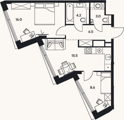 Планировка: 3-к, 53,8 м²