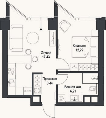 Планировка: 2-к, 39,3 м²