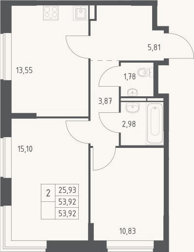 Планировка: 2-к, 53,9 м²