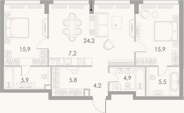 Планировка: 3-к, 89,5 м²