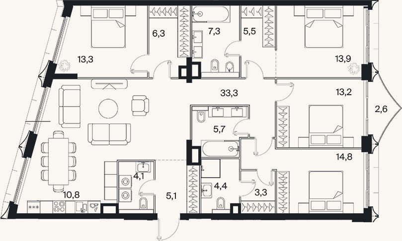Планировка: 4+ к, 141 м²