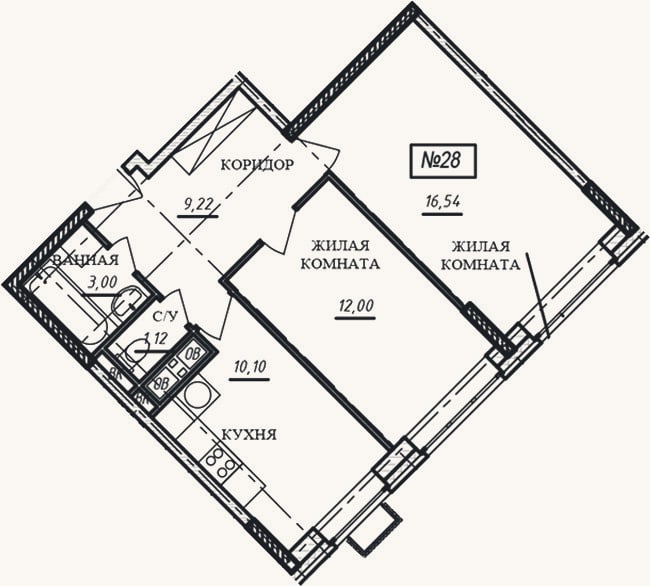 Планировка: 2-к, 52 м²