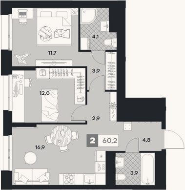 Планировка: 2-к, 60,2 м²
