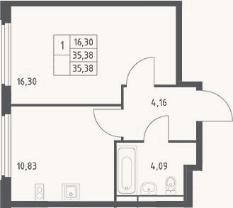 Планировка: 1-к, 35,4 м²