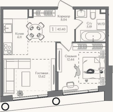 Планировка: 2-к, 45,4 м²