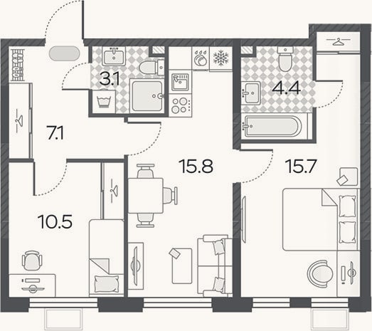 Планировка: 3-к, 56,6 м²