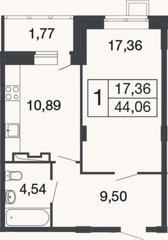 Планировка: 1-к, 42,3 м²