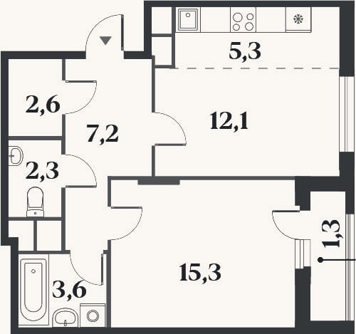 Планировка: 2-к, 48,6 м²