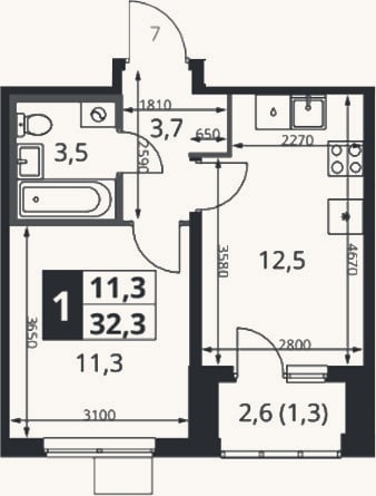 Планировка: 1-к, 31 м²
