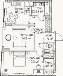 Планировка: 2-к, 61,1 м²