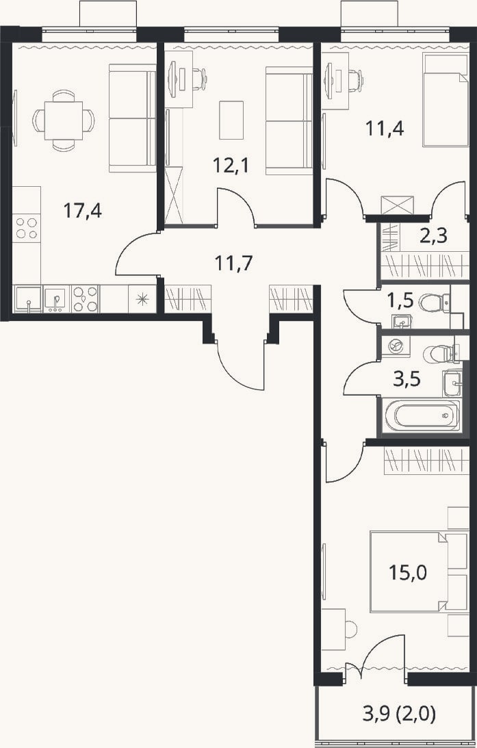 Планировка: 3-к, 74,9 м²