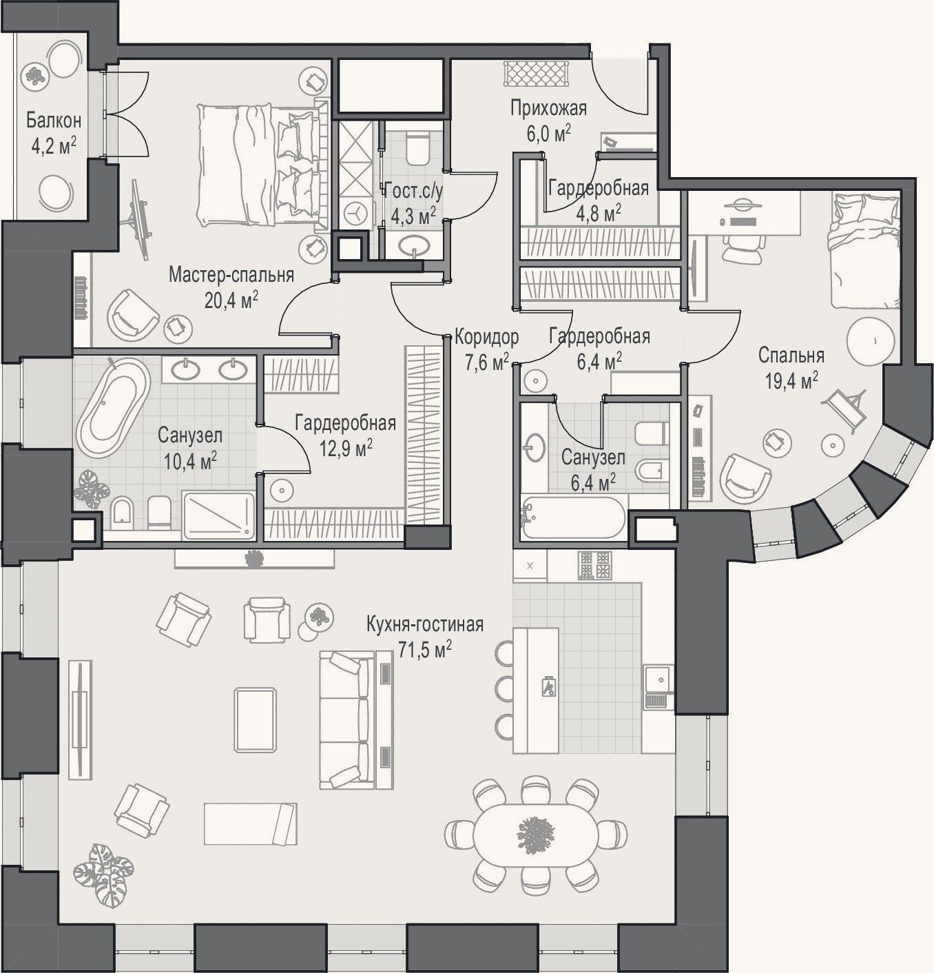 Планировка: 3-к, 170,1 м²