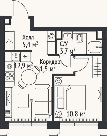 Планировка: 2-к, 34,3 м²