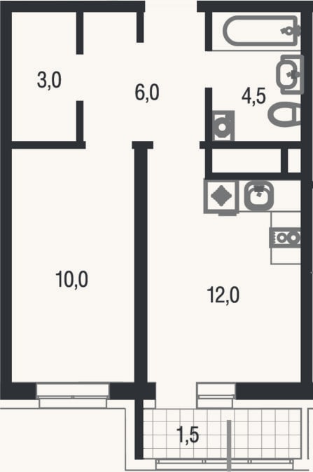 Планировка: 1-к, 35,5 м²