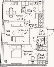 Планировка: 2-к, 59,9 м²