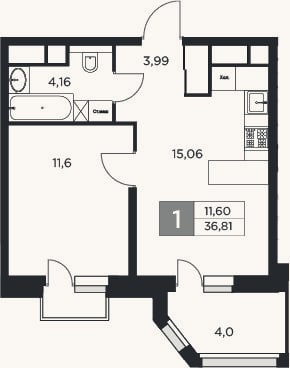 Планировка: 2-к, 34,8 м²